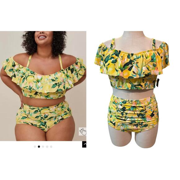 Torrid Plus Size 2 Lemon Print Yellow Two Piece Bikini Swimsuit Top & Bottoms 2X - Picture 1 of 4